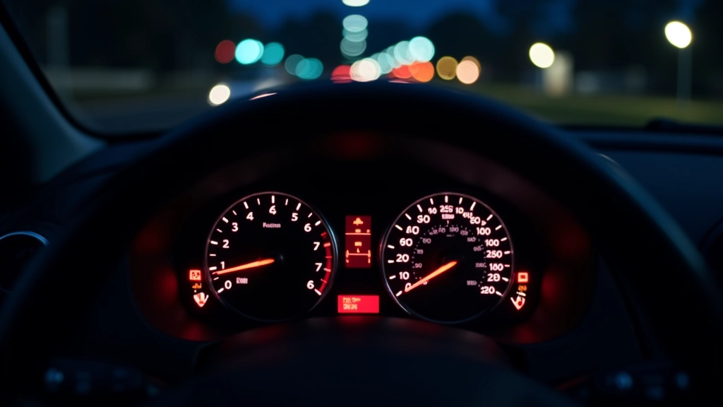 Car dashboard at night with illuminated warning lights visible